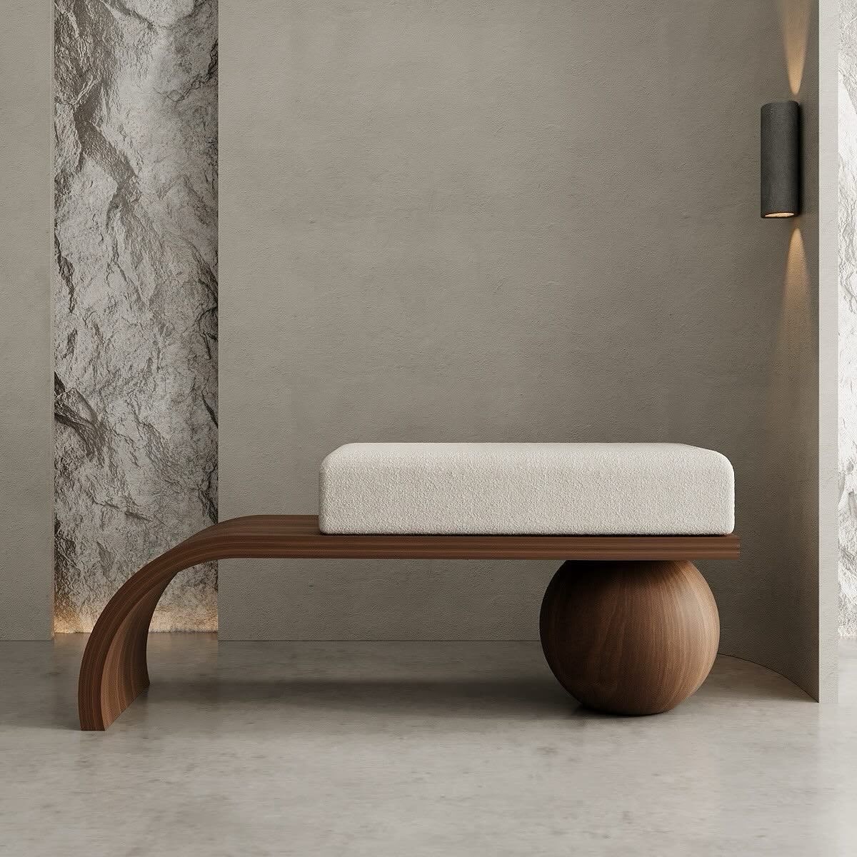 Timber bench with boucle cushion on a sculptural sphere base