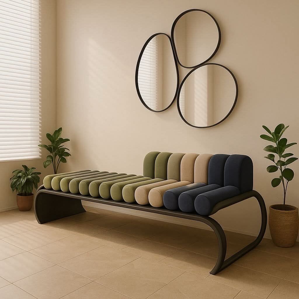 Upholstered bench in olive, sand and navy beneath organic mirrors