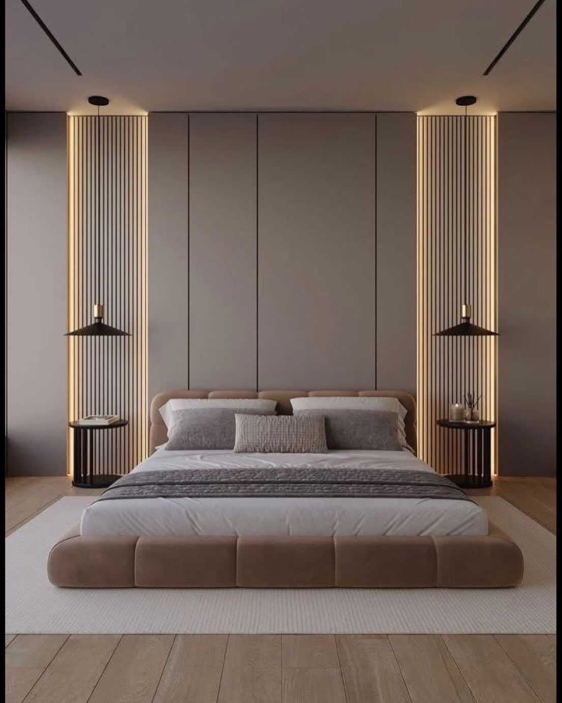 Bedroom with backlit slatted panels and an upholstered platform bed
