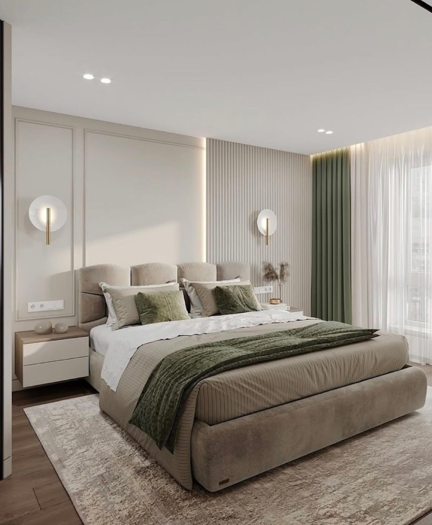 Bedroom with fluted wall panels, brass sconces and olive green curtains