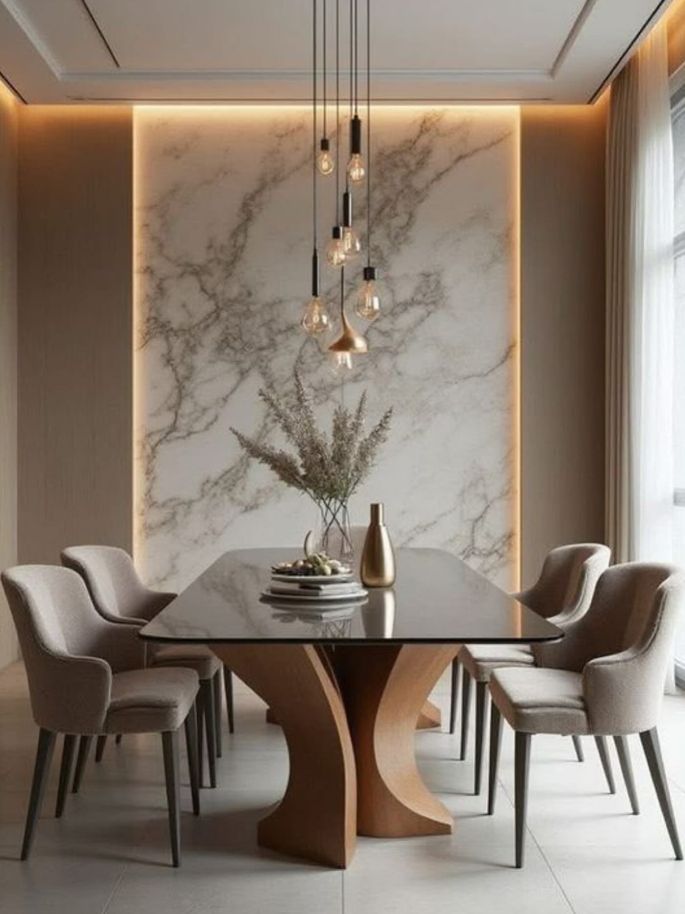 Dining room with backlit marble feature wall and sculptural timber table